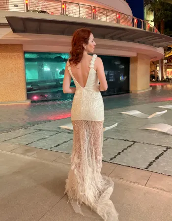 Taş ve Payet İşlemeli Tüylü Uzun Elbise - Amor Eterno