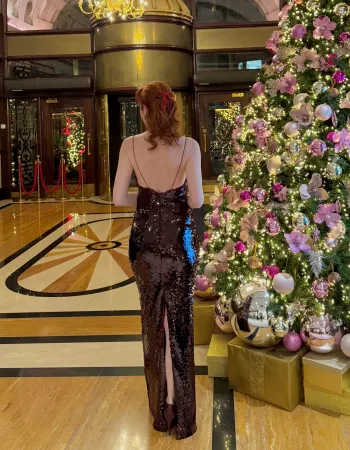 Bordo Payetli Uzun Elbise - Vino Rojo