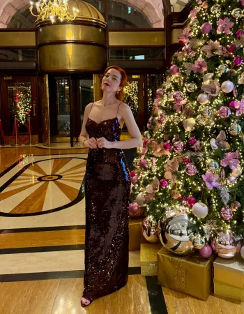 Bordo Payetli Uzun Elbise - Vino Rojo